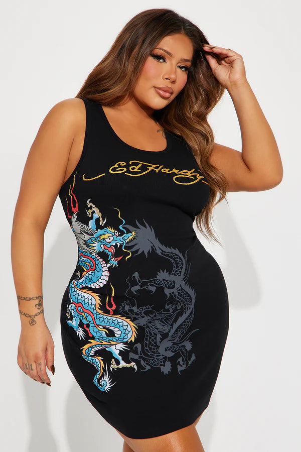 Ed Hardy Dragon Tank Dress - Black