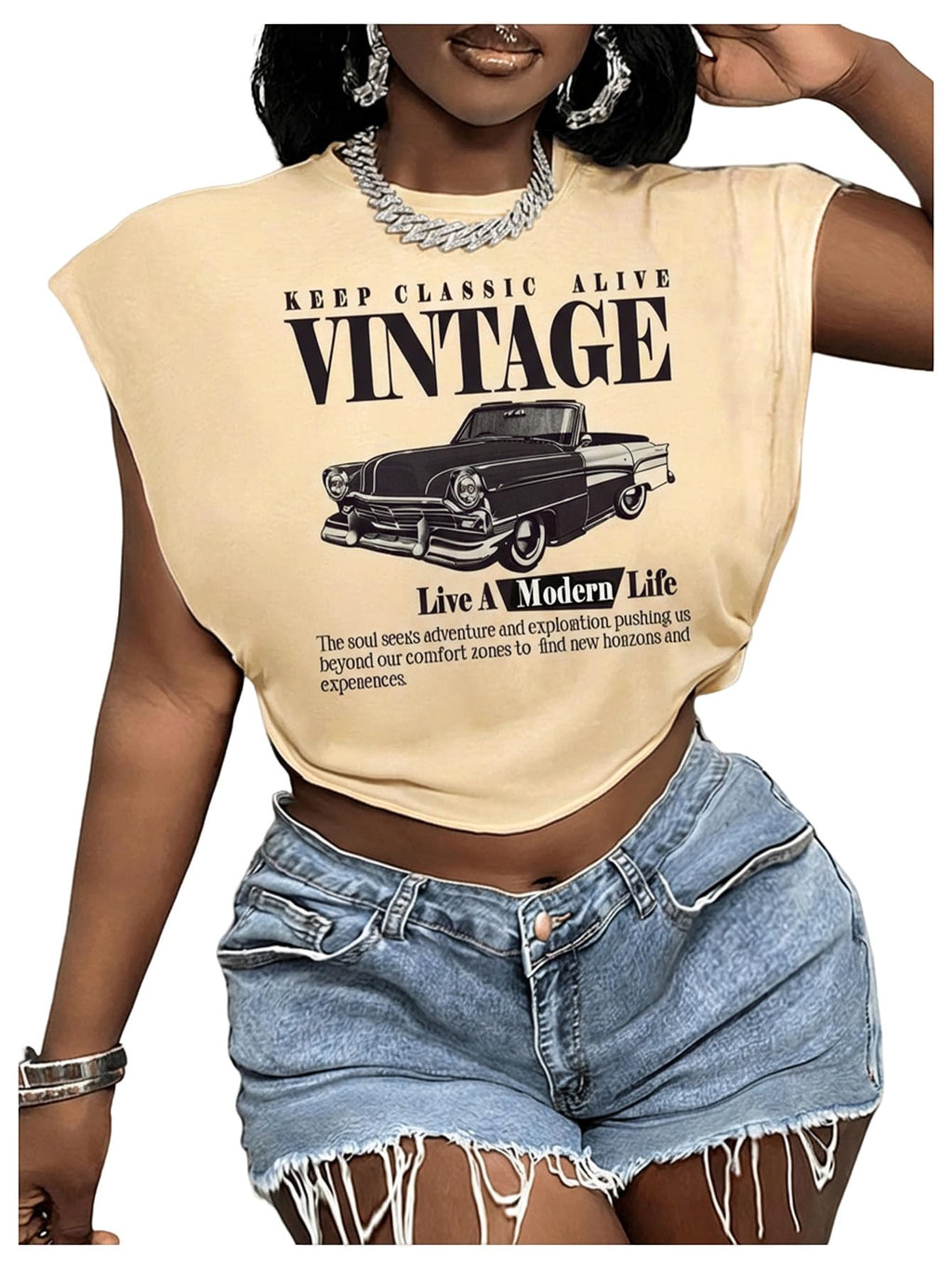 Letter Car Graphic Crop Tops