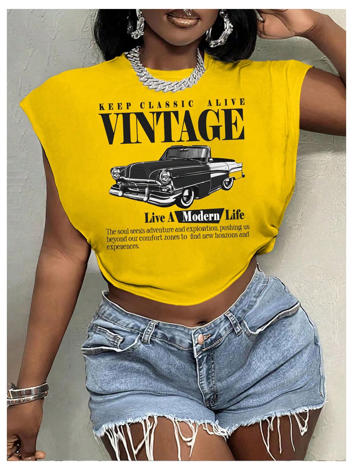 Letter Car Graphic Crop Tops