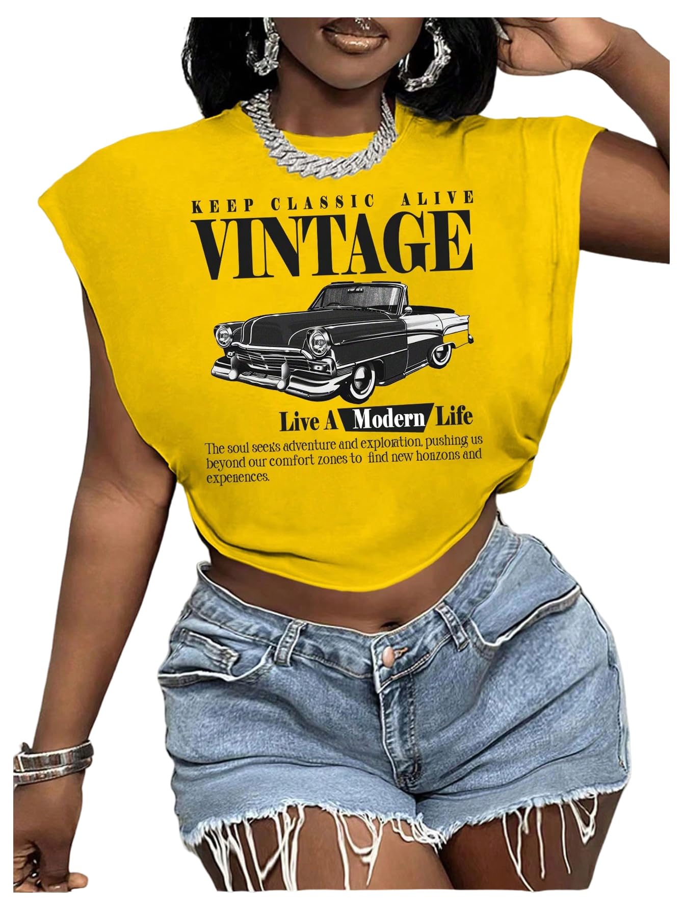 Letter Car Graphic Crop Tops