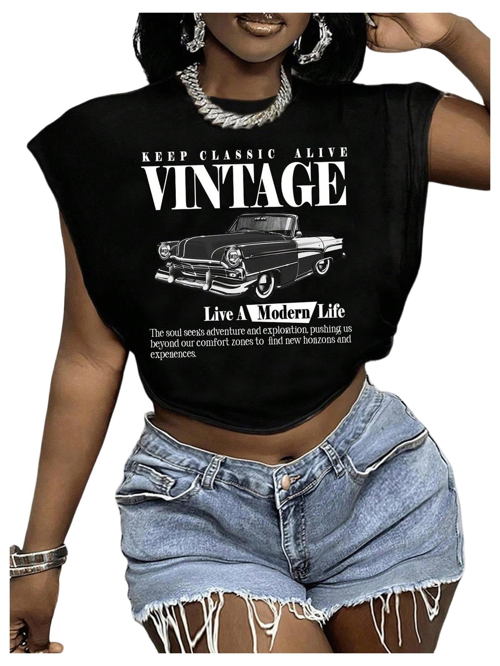 Letter Car Graphic Crop Tops