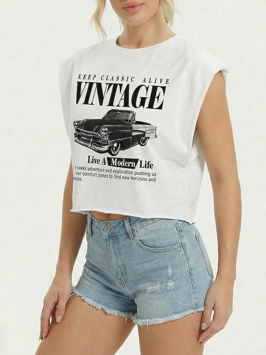 Letter Car Graphic Crop Tops