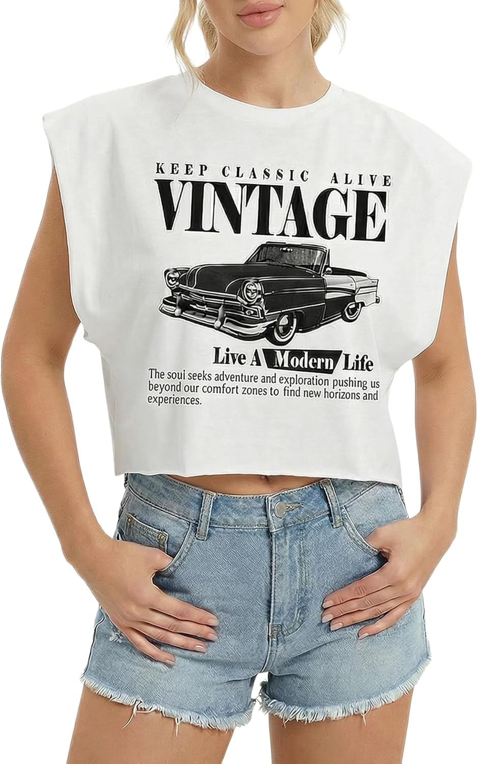 Letter Car Graphic Crop Tops